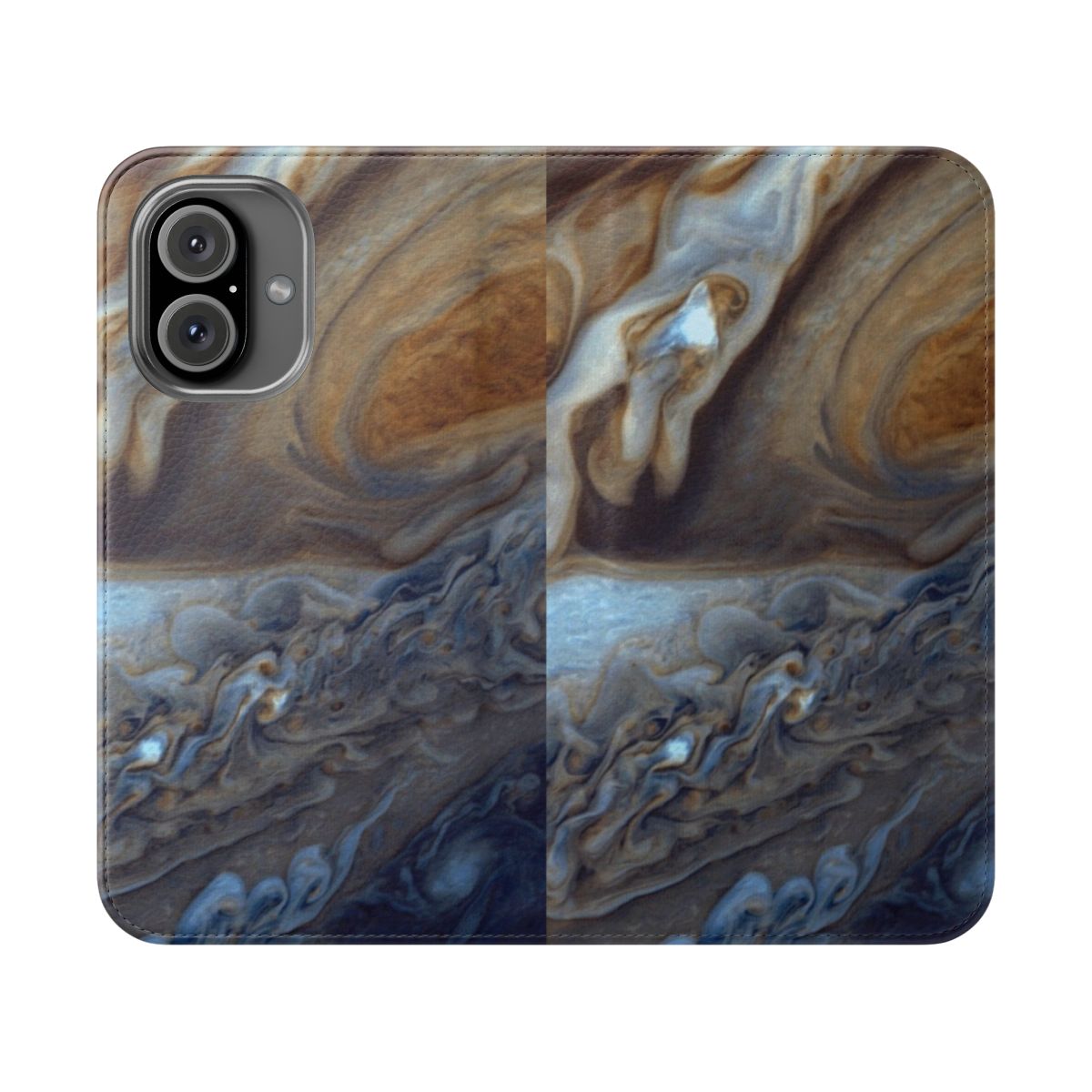 Vibrant flip cover phone case featuring stunning images of the planet Jupiter, nebulae, and galaxies from the Hubble telescope.