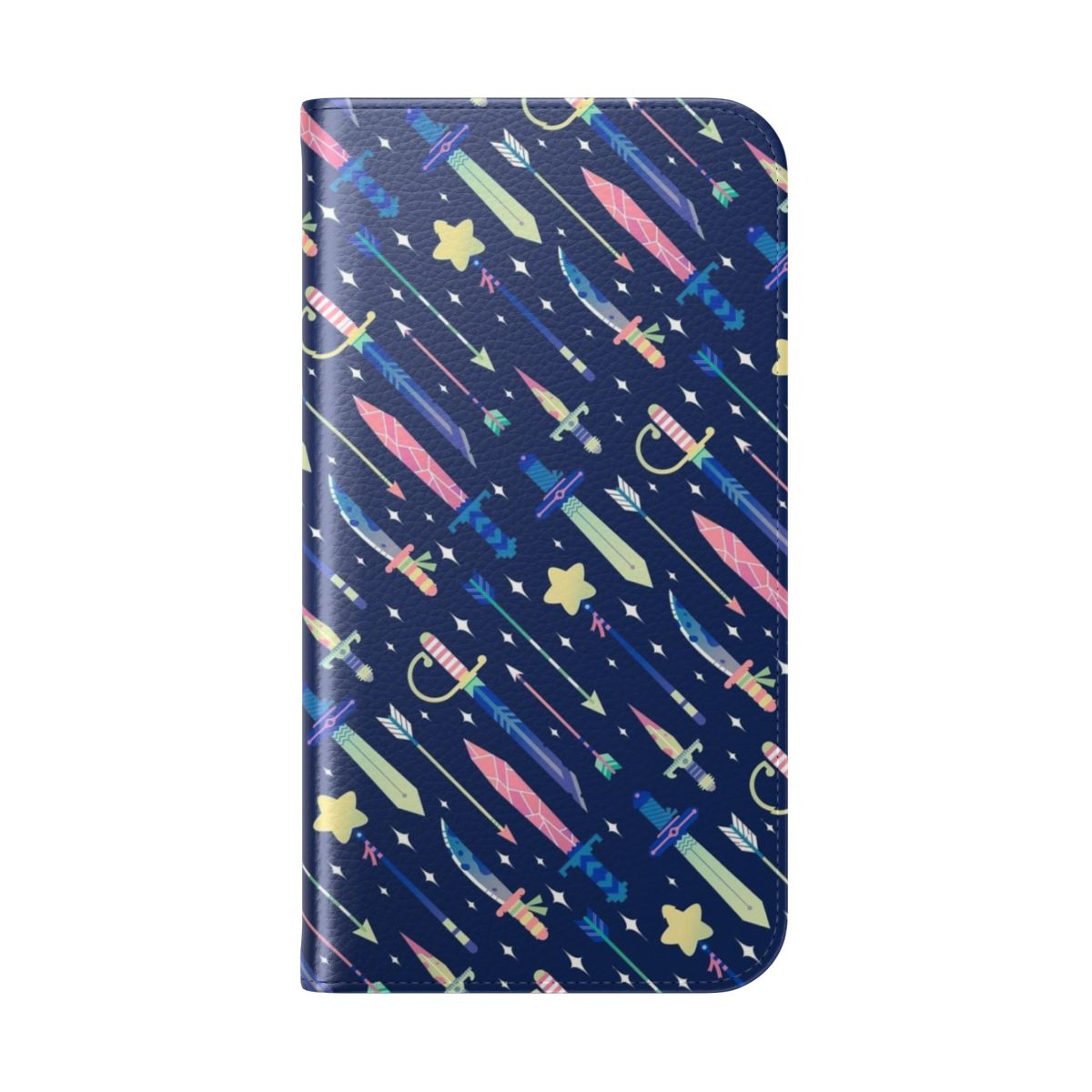 A pastel-colored phone case featuring a magical sword and arrows design - Folded Back