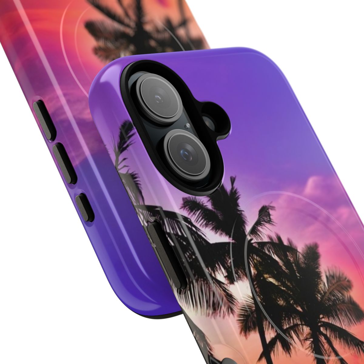 Tropical phone case with pink and purple sunset and palm tree silhouette - Detail