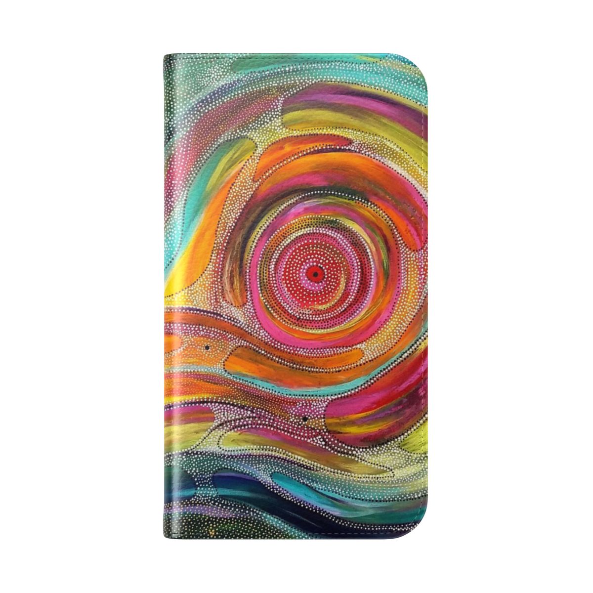 Vibrant abstract painting with Aboriginal-inspired mandala design on a flip phone case - Folded Back