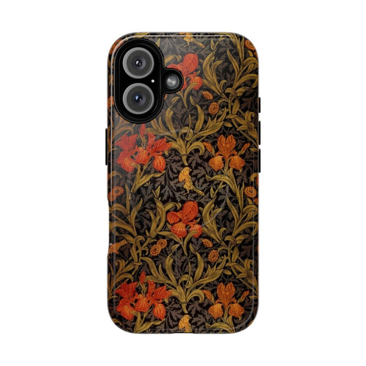 Vintage-style floral phone case with birds, leaves, and acanthus pattern inspired by the designs of William Morris