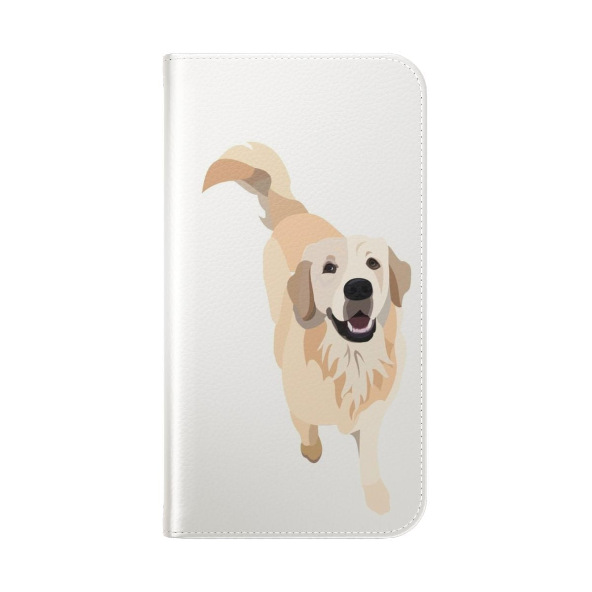 A protective phone case featuring a golden retriever design. - Folded Back