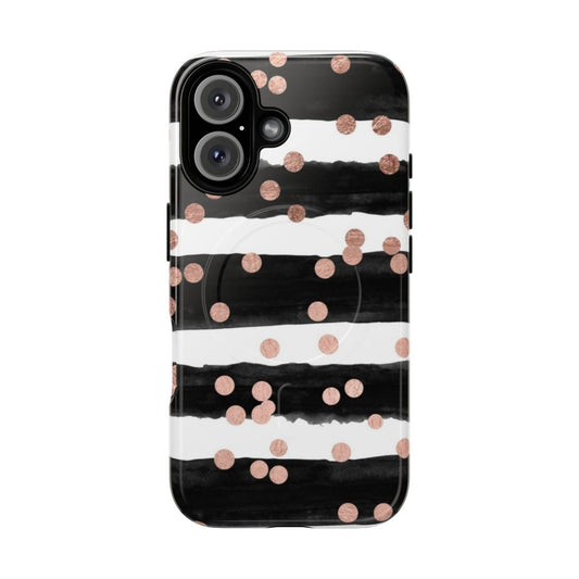 Rose gold confetti and black watercolor stripes pattern on a girly phone case