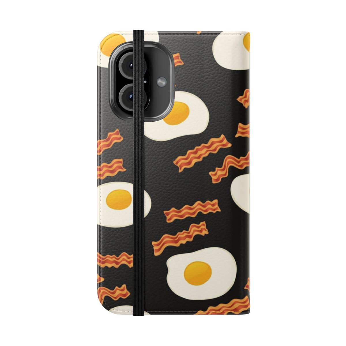 Breakfast-themed flip cover phone case featuring bacon and fried eggs - Folded Front