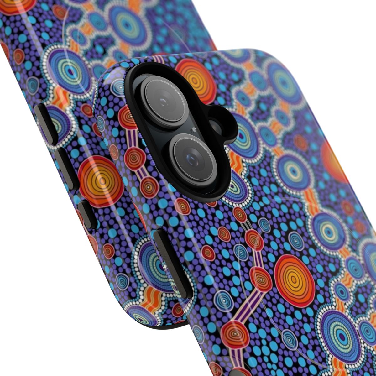 Authentic Aboriginal dot art design on a magnetic, tough phone case in blue - Detail