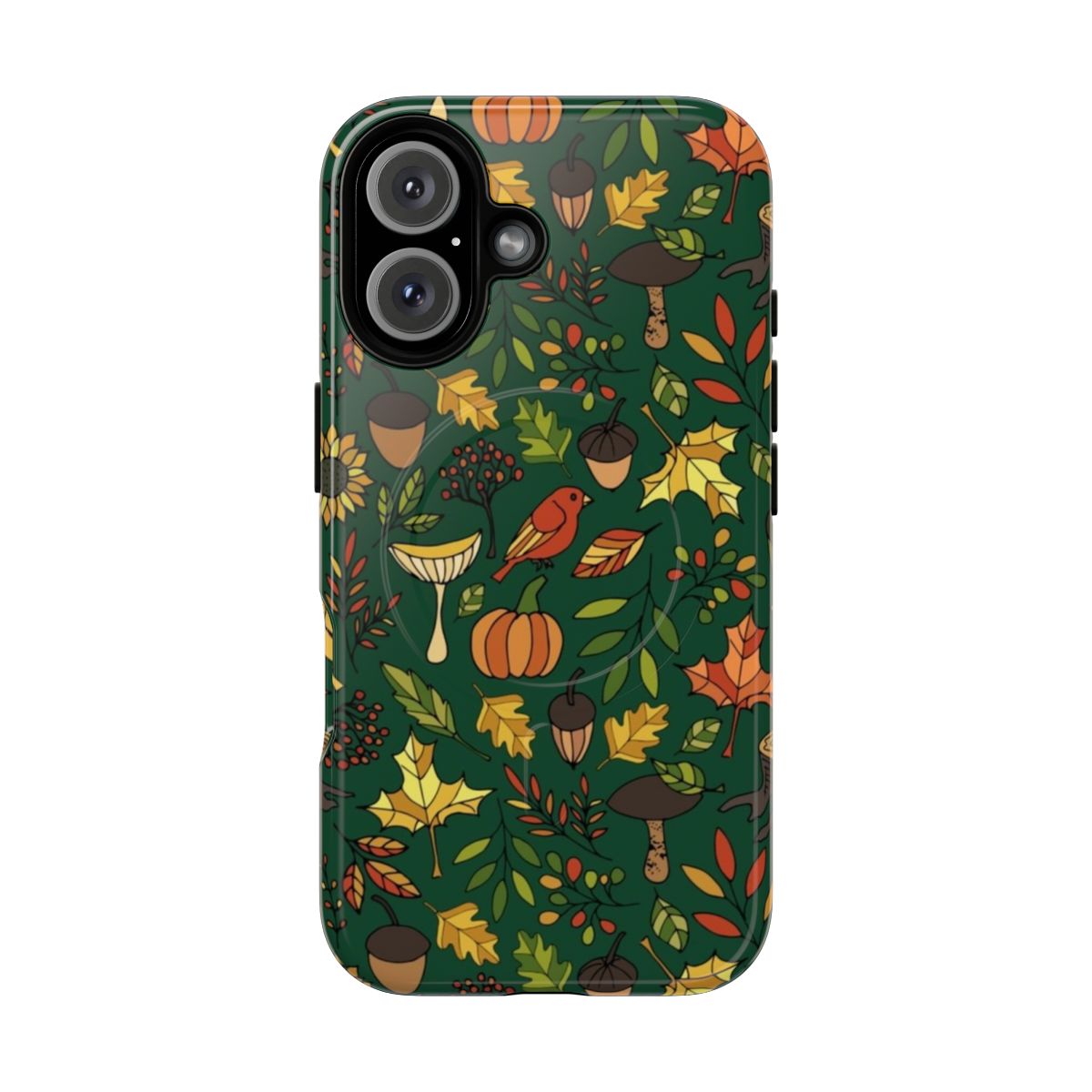 Colorful autumn-themed magnetic phone case with leaves, acorns, and other nature elements