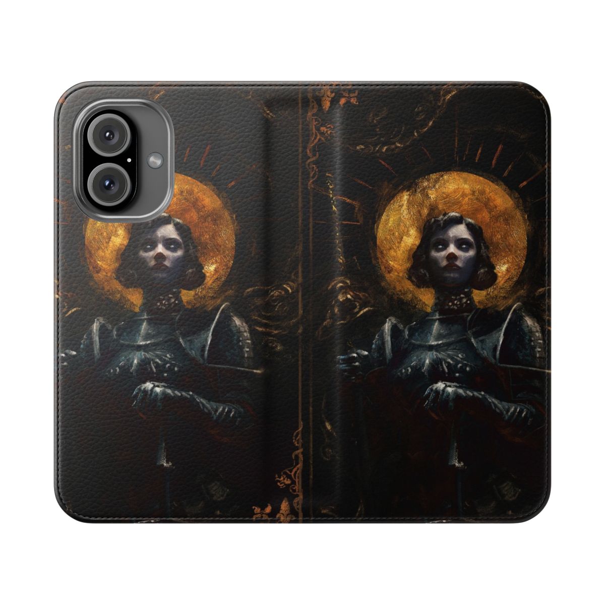 Joan of Arc inspired flip cover phone case with historical design