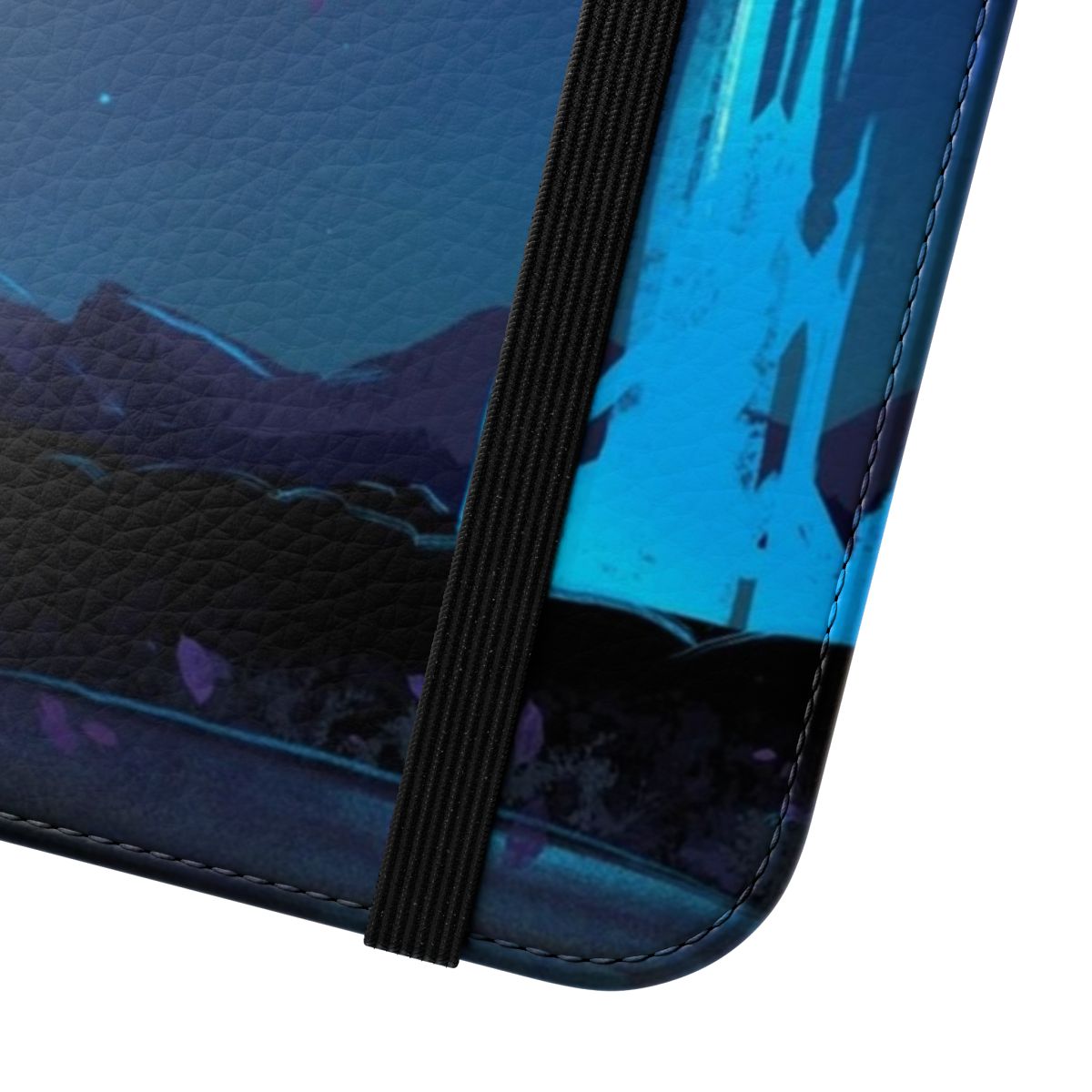 A flip phone case featuring a beautiful night sky and fantasy landscape design, inspired by the video game Final Fantasy XIV. - Close Up