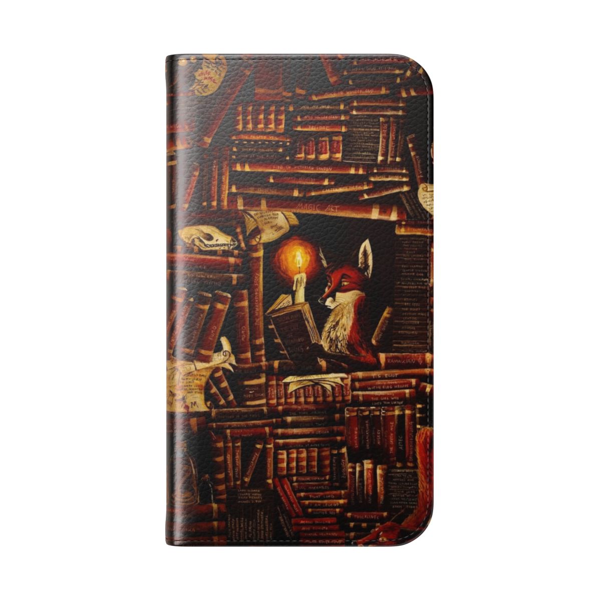 A flip cover phone case featuring a whimsical fantasy design, perfect for book lovers and fans of literary fiction. - Folded Back