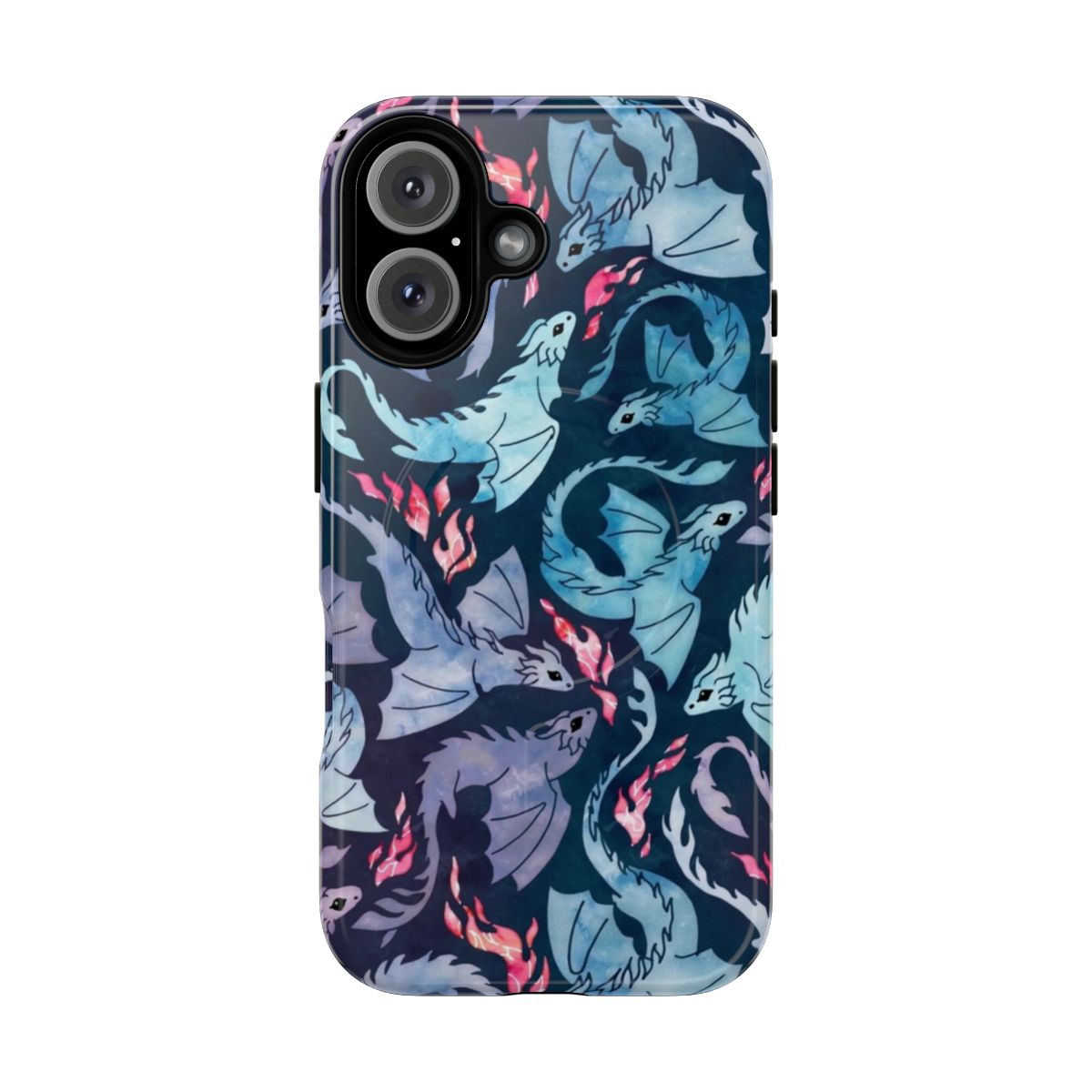 Watercolor illustration of a dragon breathing fire on a dark turquoise and purple phone case