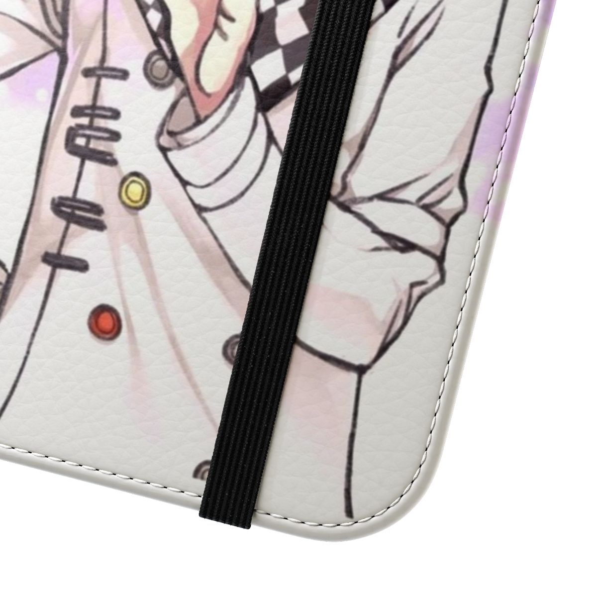 Kokichi Ouma inspired flip cover phone case with a custom background design. - Close Up