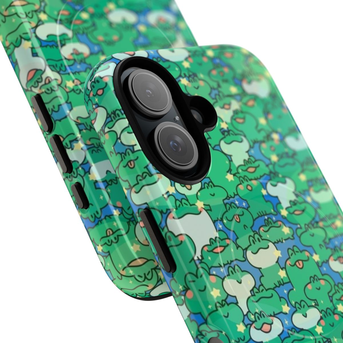 Colorful cartoon frog design on a durable magnetic phone case - Detail