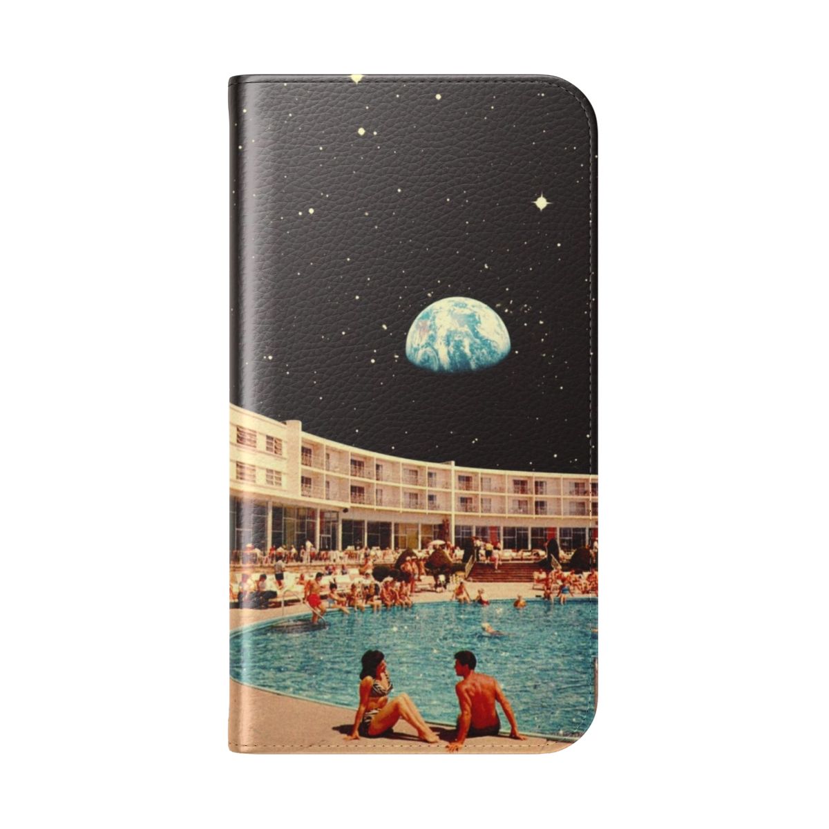 Retro-futuristic collage design featuring a vintage-style holiday resort with a pool, moon, and stars on a flip cover phone case. - Folded Back