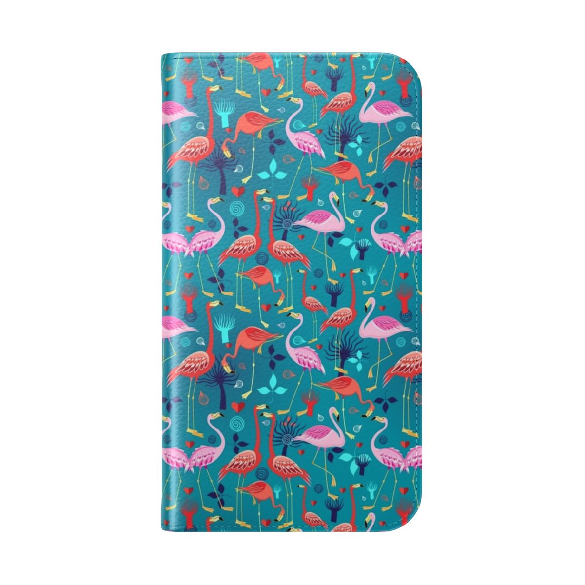 Colorful flamingo pattern phone case with tropical leaves and hearts - Folded Back