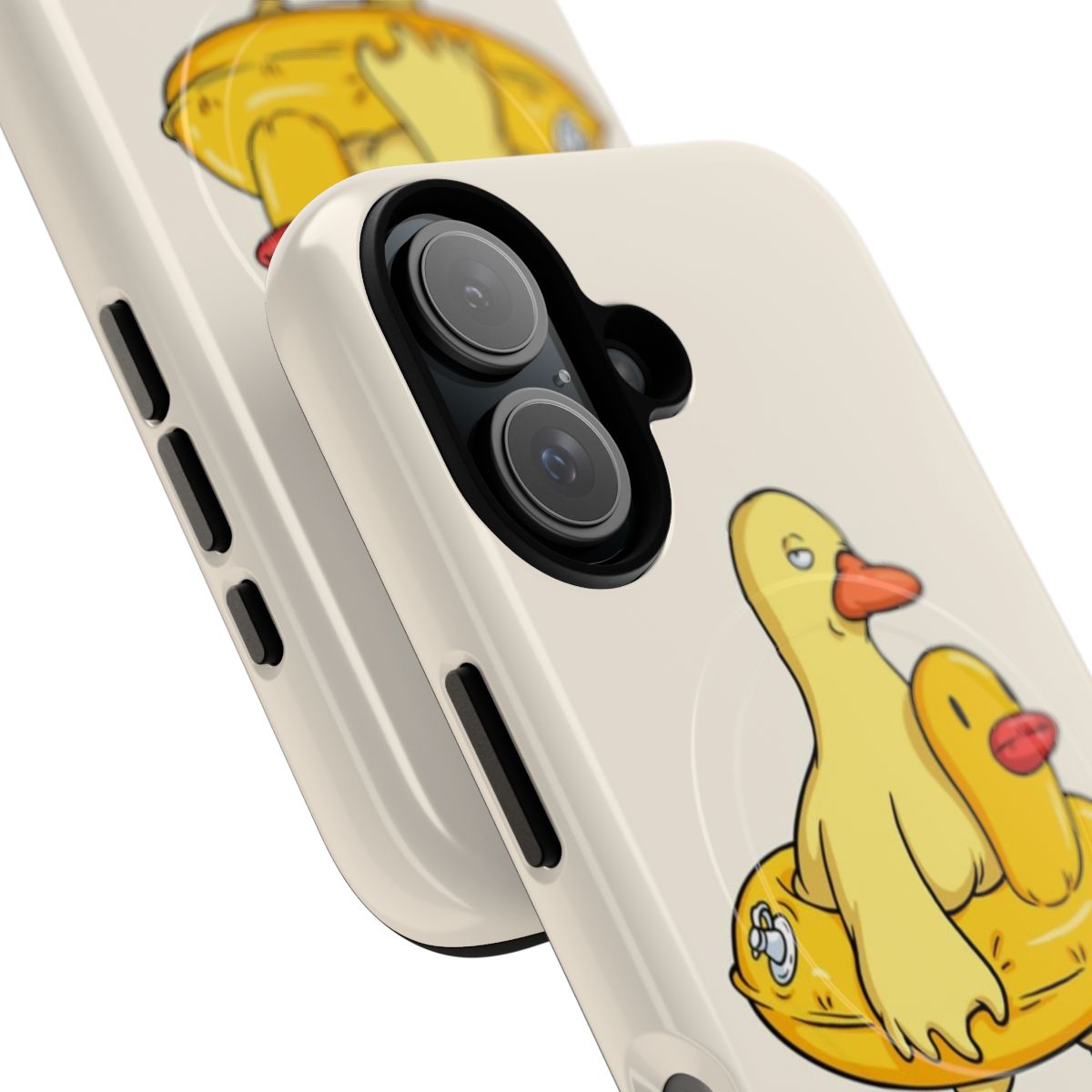 A yellow duck-themed magnetic protective phone case with a cartoon style design. - Detail