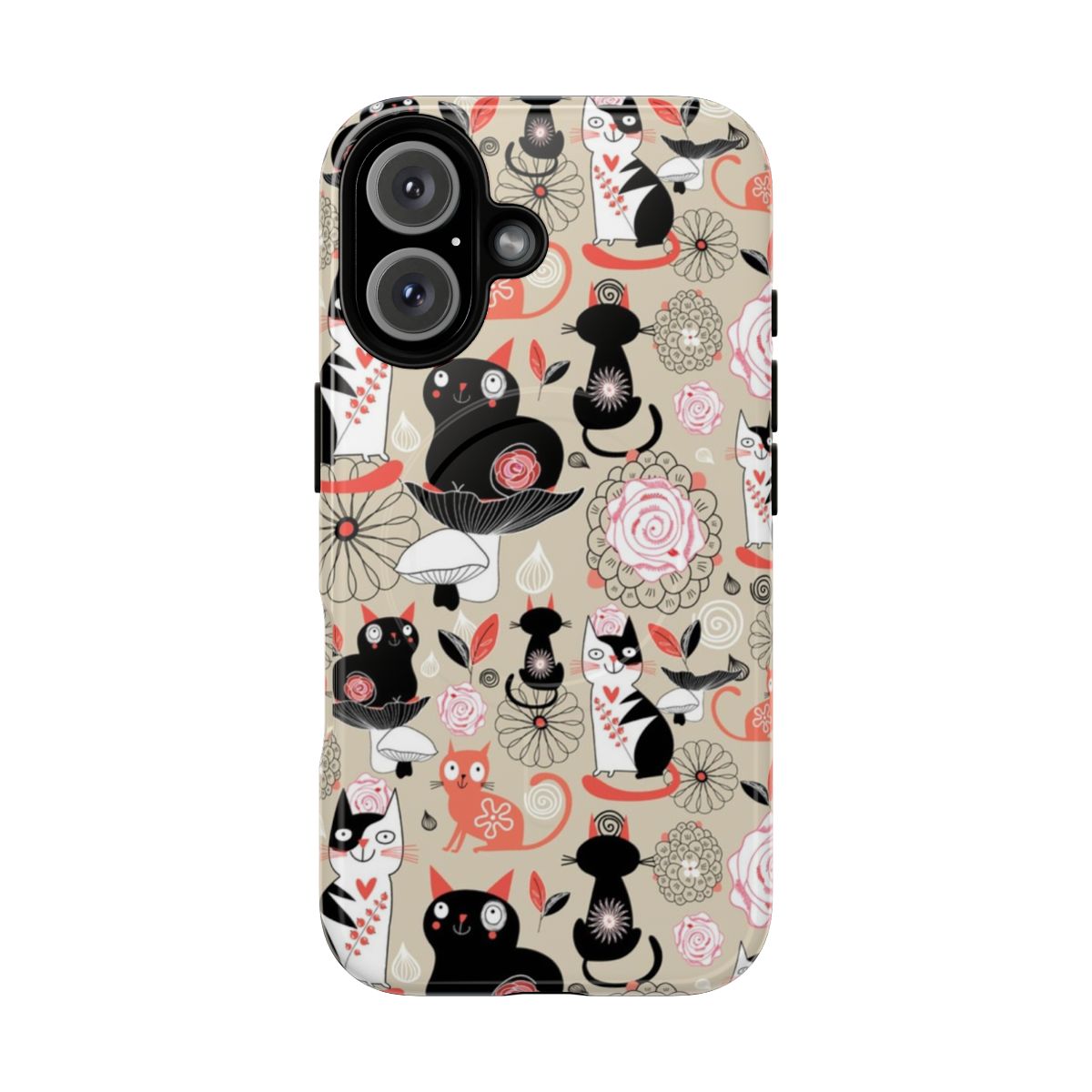 Vibrant floral pattern with playful cats on a magnetic tough phone case