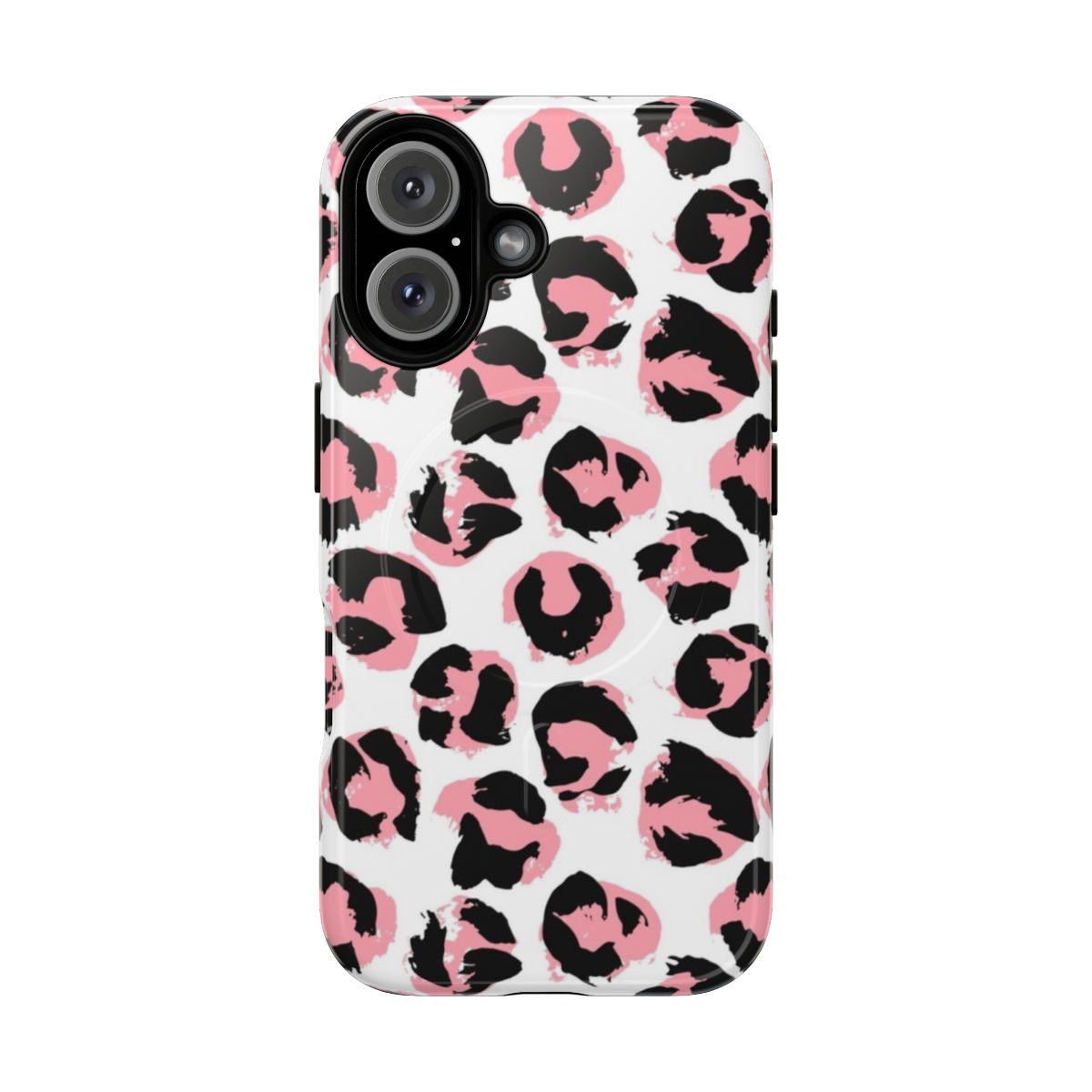 A pink leopard print phone case with a magnetic tough design