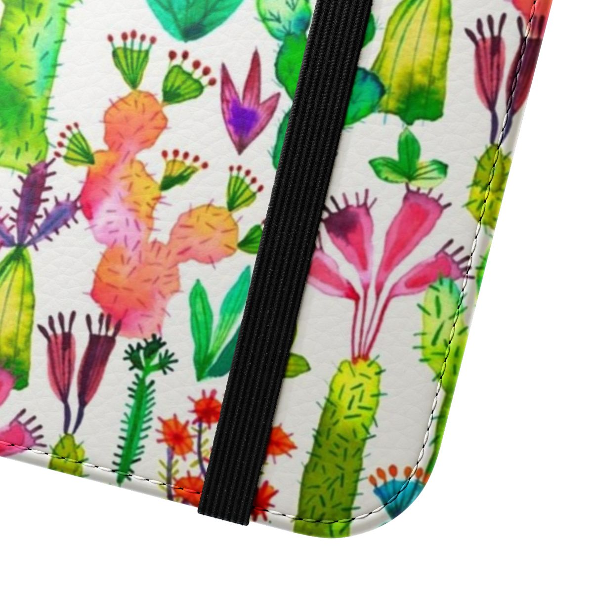 Vibrant watercolor cacti garden design on a protective smartphone flip cover case - Close Up