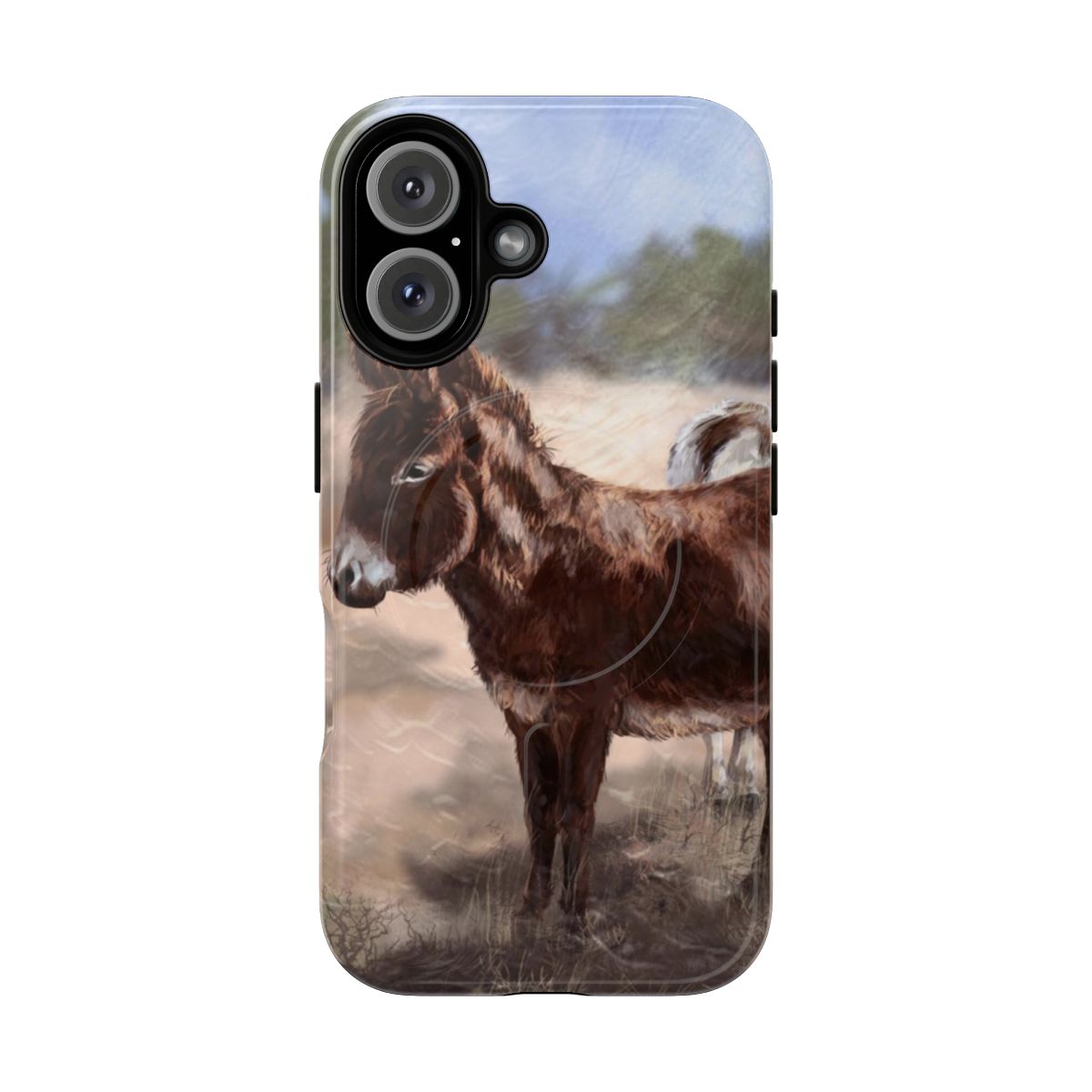 Magnetic phone case featuring a cute donkey design in a western, cowboy-inspired landscape.