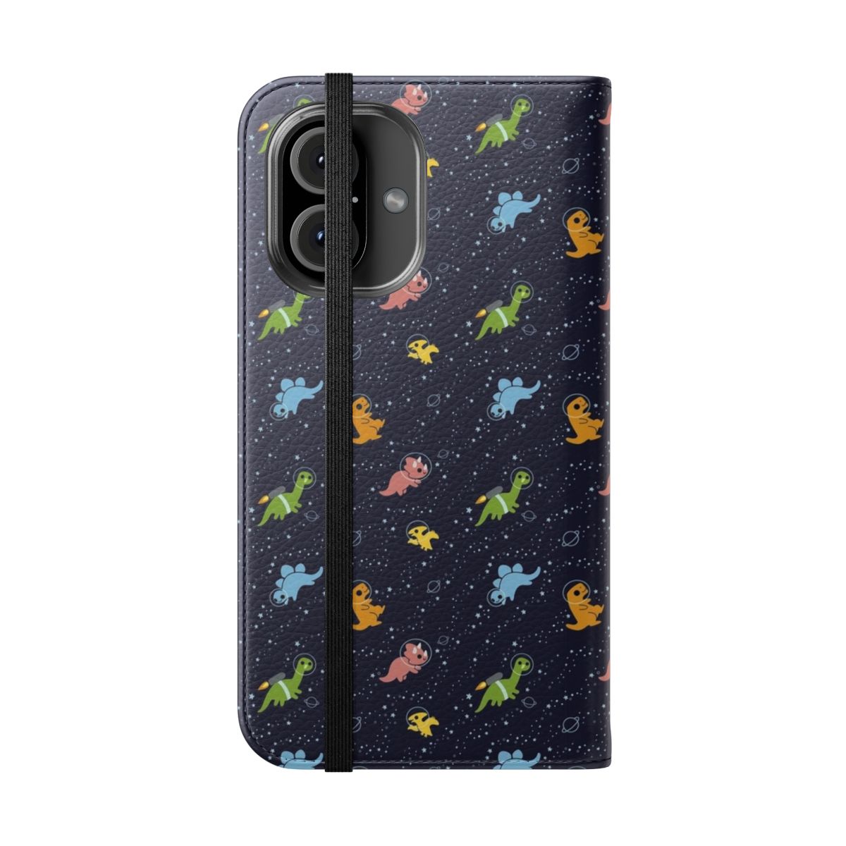 Colorful phone case featuring a pattern of cute dinosaurs in space with jetpacks, planets, and stars. - Folded Front