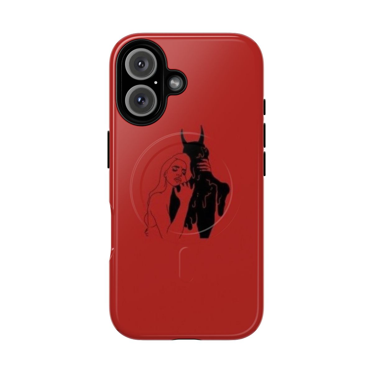 A phone case featuring a design of a girl hugging a demon with an artistic, aesthetic style.