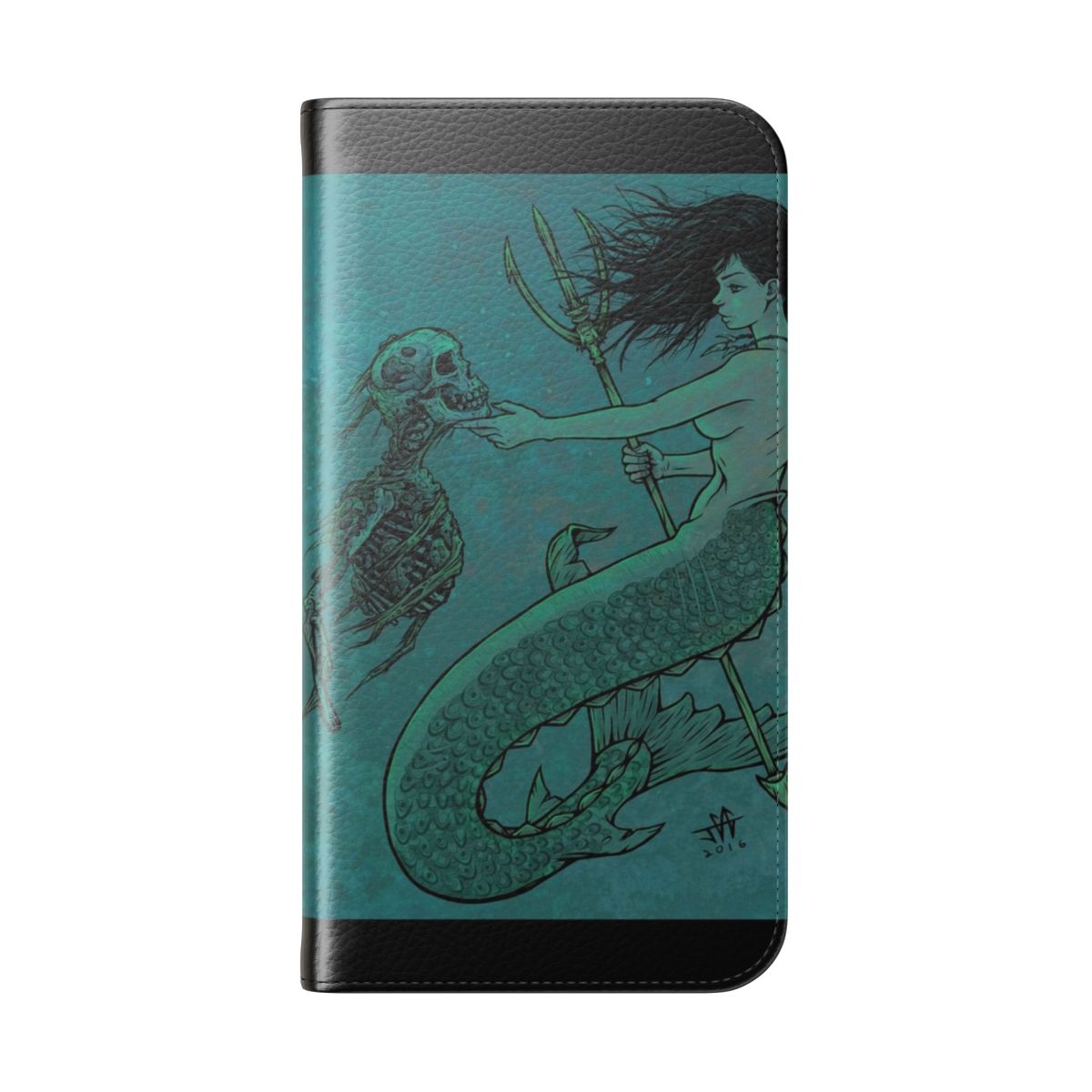 Mystical flip cover phone case featuring a mermaid, skull, and underwater fantasy design - Folded Back