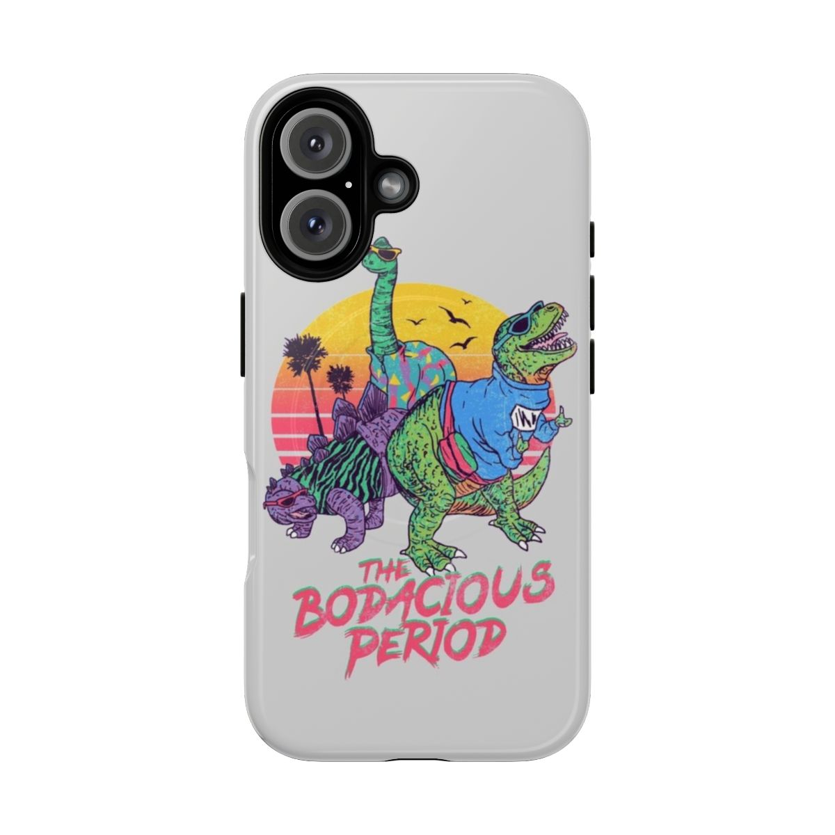 Vibrant phone cases featuring retro dinosaur designs for a cool, 80s-inspired look