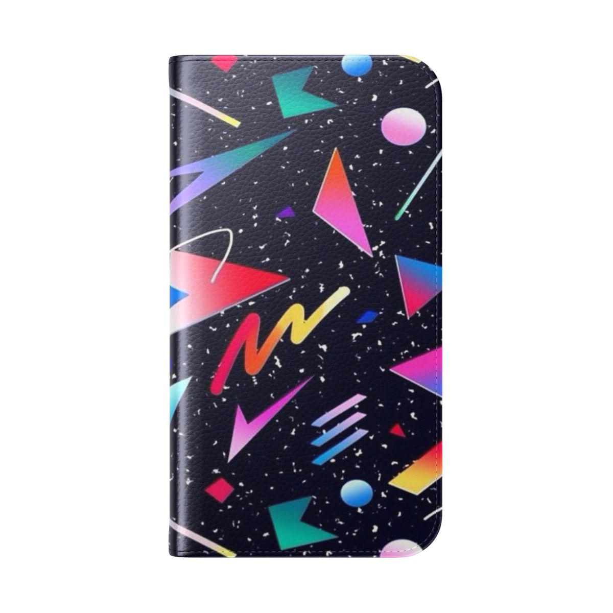 A dark, abstract vaporwave-style graphic featuring bold colors and retro 80s aesthetics on a flip phone case. - Folded Back