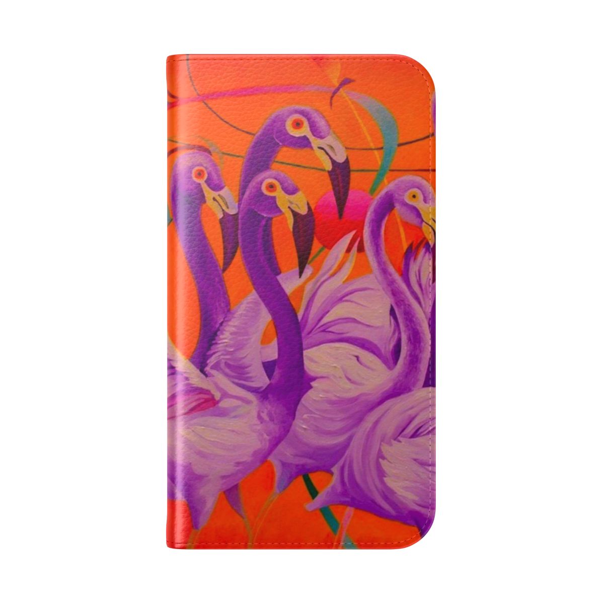 Vibrant purple flamingo-themed phone case with artistic design - Folded Back