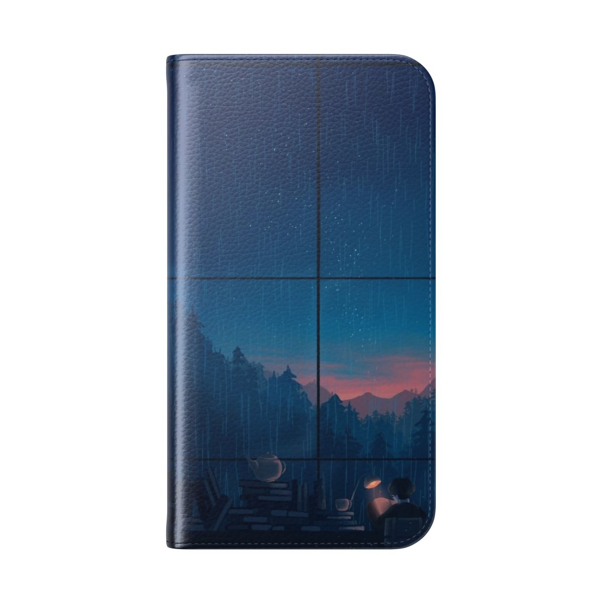 Flip cover phone case with a scenic nature photography image of mountains, fog, and sunrise/sunset - Folded Back