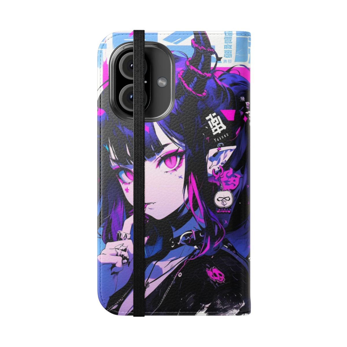 Stylish flip phone case featuring a cute anime-style demon girl character - Folded Front