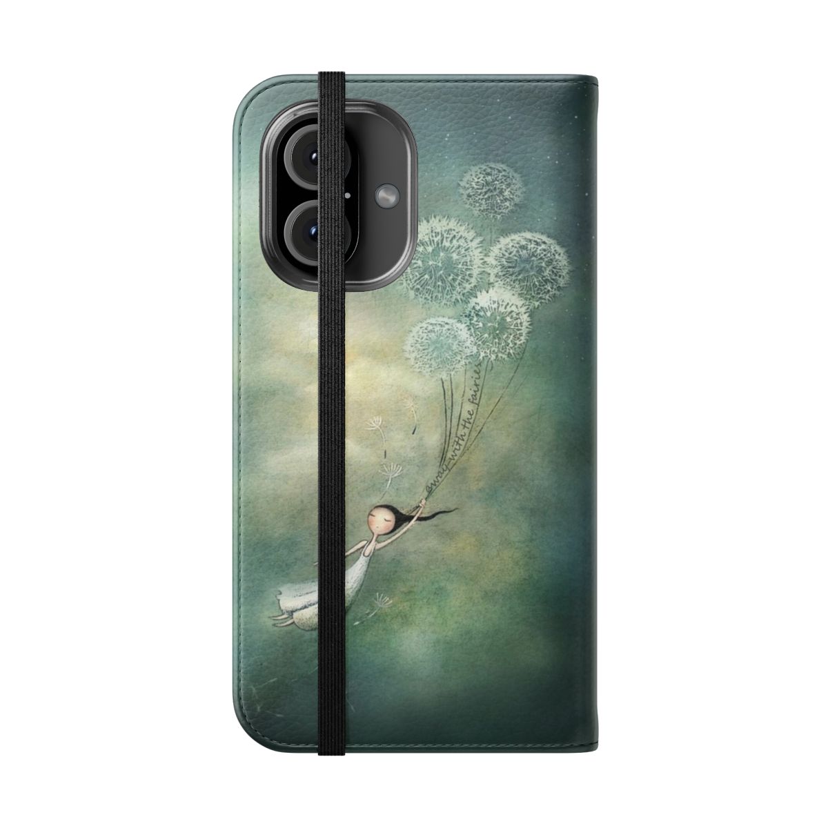 A whimsical flip phone case featuring a dreamy dandelion and fairy design. - Folded Front