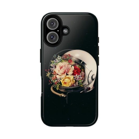 Magnetic tough phone case featuring a space astronaut surrounded by stars, flowers, and a surreal collage design.