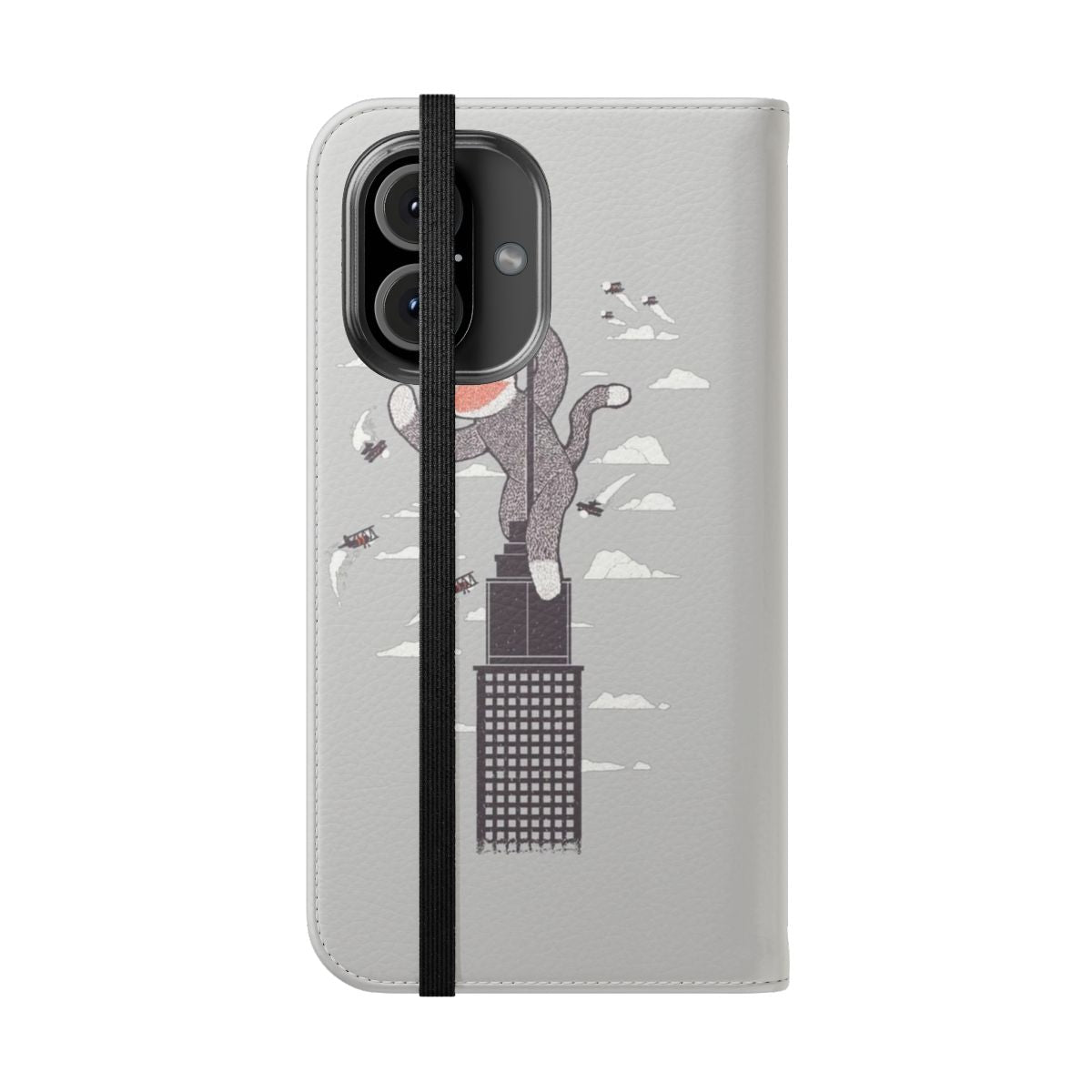 Flip phone case featuring a cute and cuddly sock monkey design - Folded Front