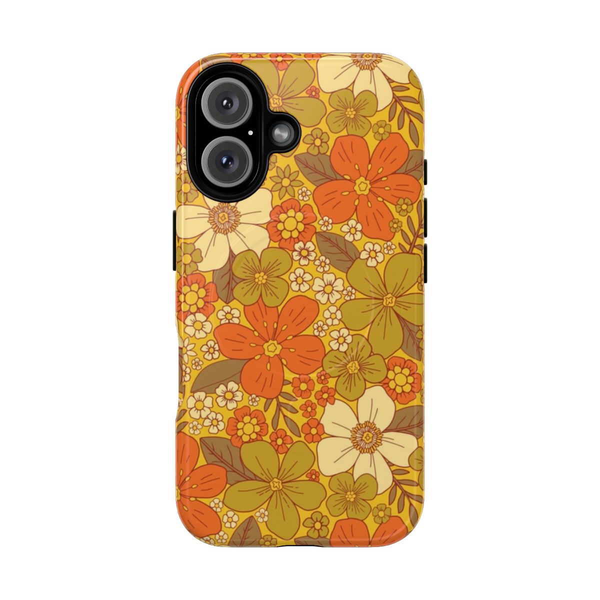 Retro floral phone case with olive green and orange colors