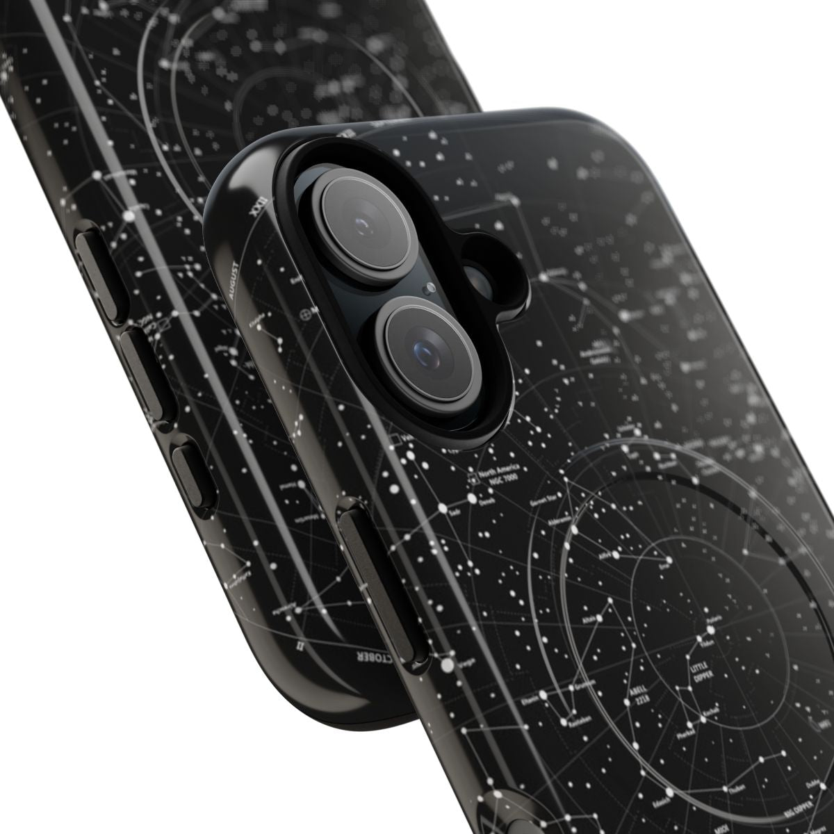 Closeup image of a constellation-themed phone case with a magnetic closure. - Detail