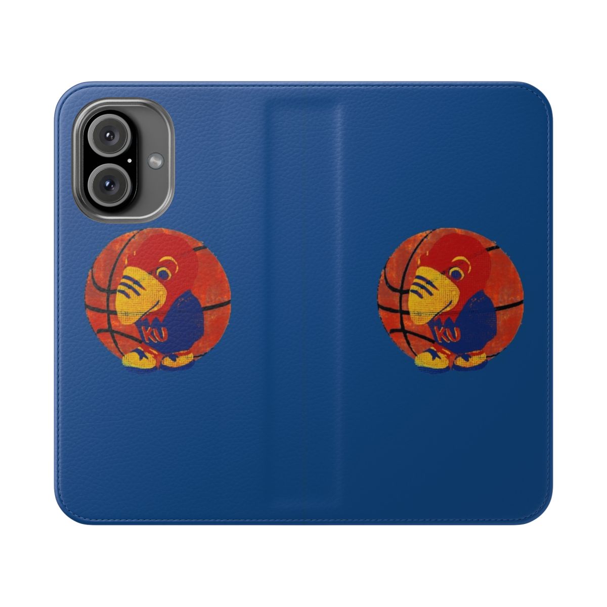 Retro-style blue, red, and yellow phone case cover with Jayhawks college basketball mascot design