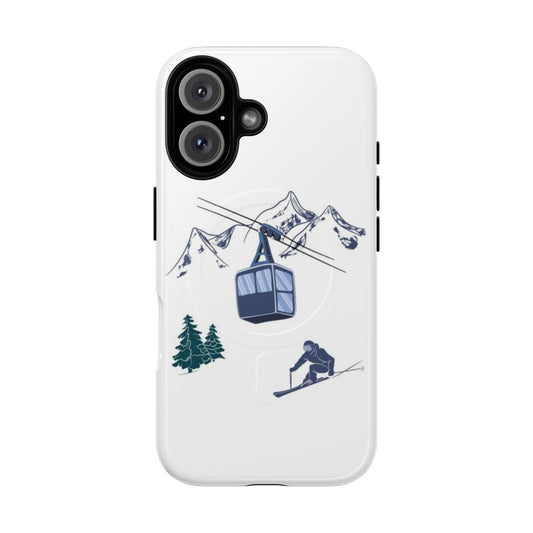 A magnetic tough phone case featuring a scenic winter sports scene with a ski lift, snowy hills, and skiers.