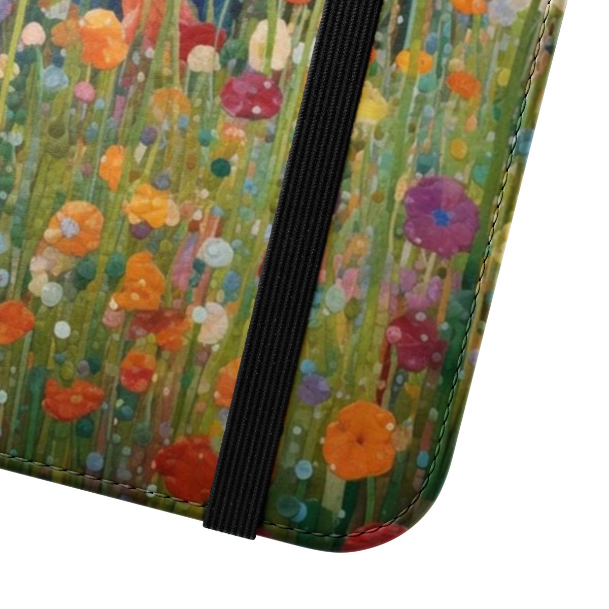 Stylish phone case with a vibrant flower garden design inspired by the artwork of Gustav Klimt - Close Up