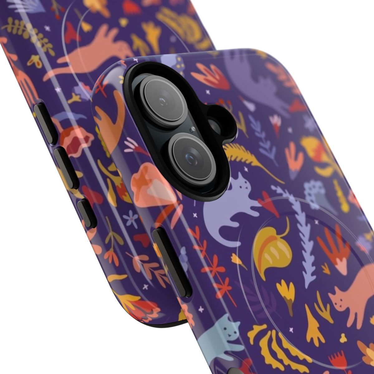 Colorful phone case featuring cute cartoon cats in a magical botanical garden - Detail