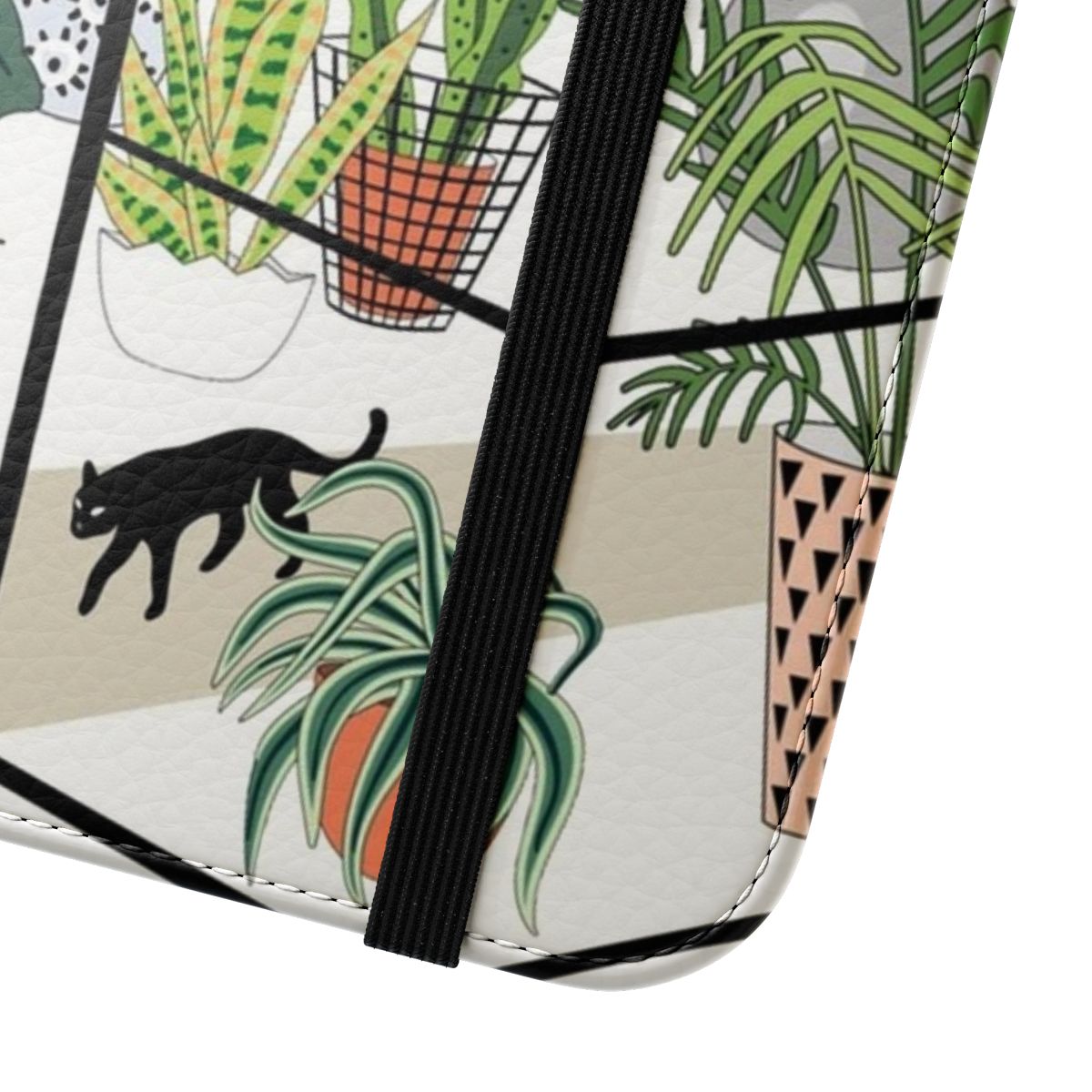 Vibrant phone case featuring a greenhouse-like illustration with various plants and greenery. - Close Up