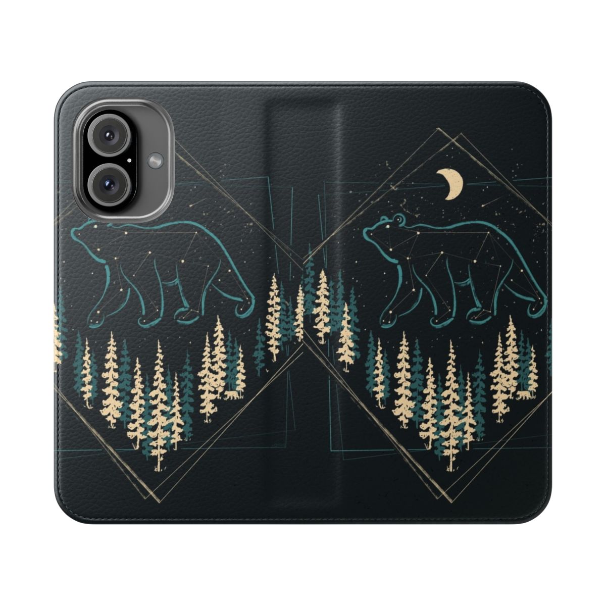 Flip cover phone case featuring a night sky with stars, moon, and a majestic bear in a wilderness setting