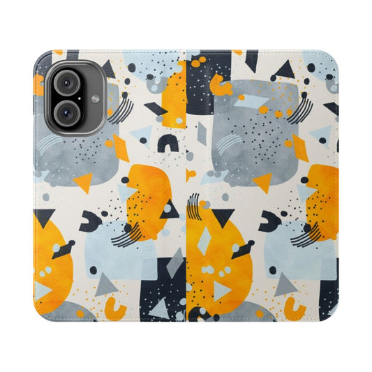 Artsy abstract minimalist phone case with yellow, blue, grey, and black geometric patterns and shapes