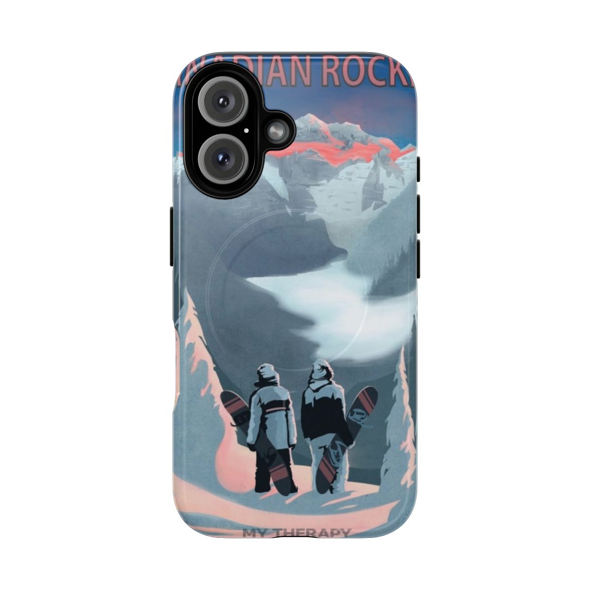 Retro snowboard therapy magnetic tough cases featuring a scenic winter landscape and mountain sunset