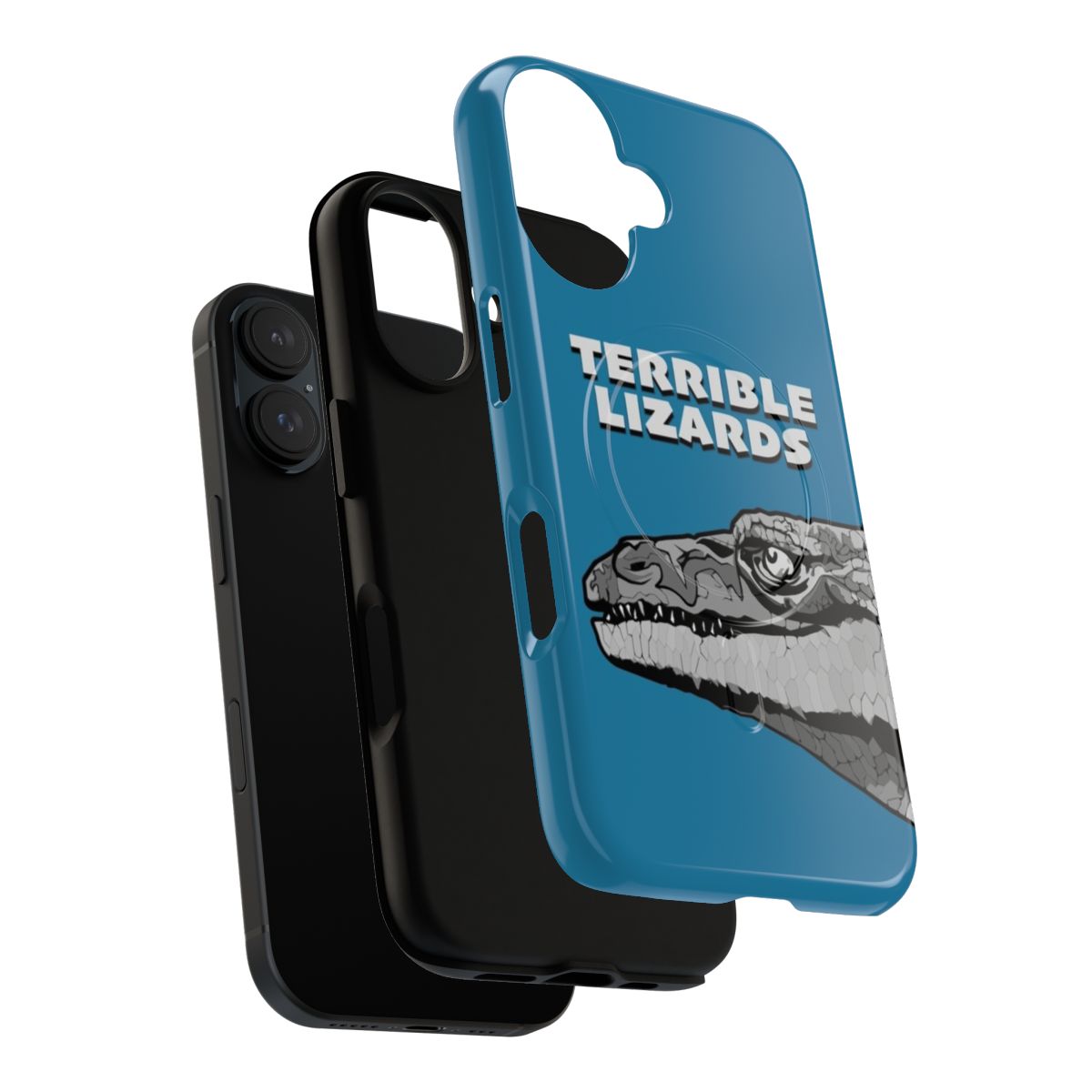 Magnetic phone case featuring a design with a tyrannosaurus rex and other prehistoric dinosaur creatures. - Layers