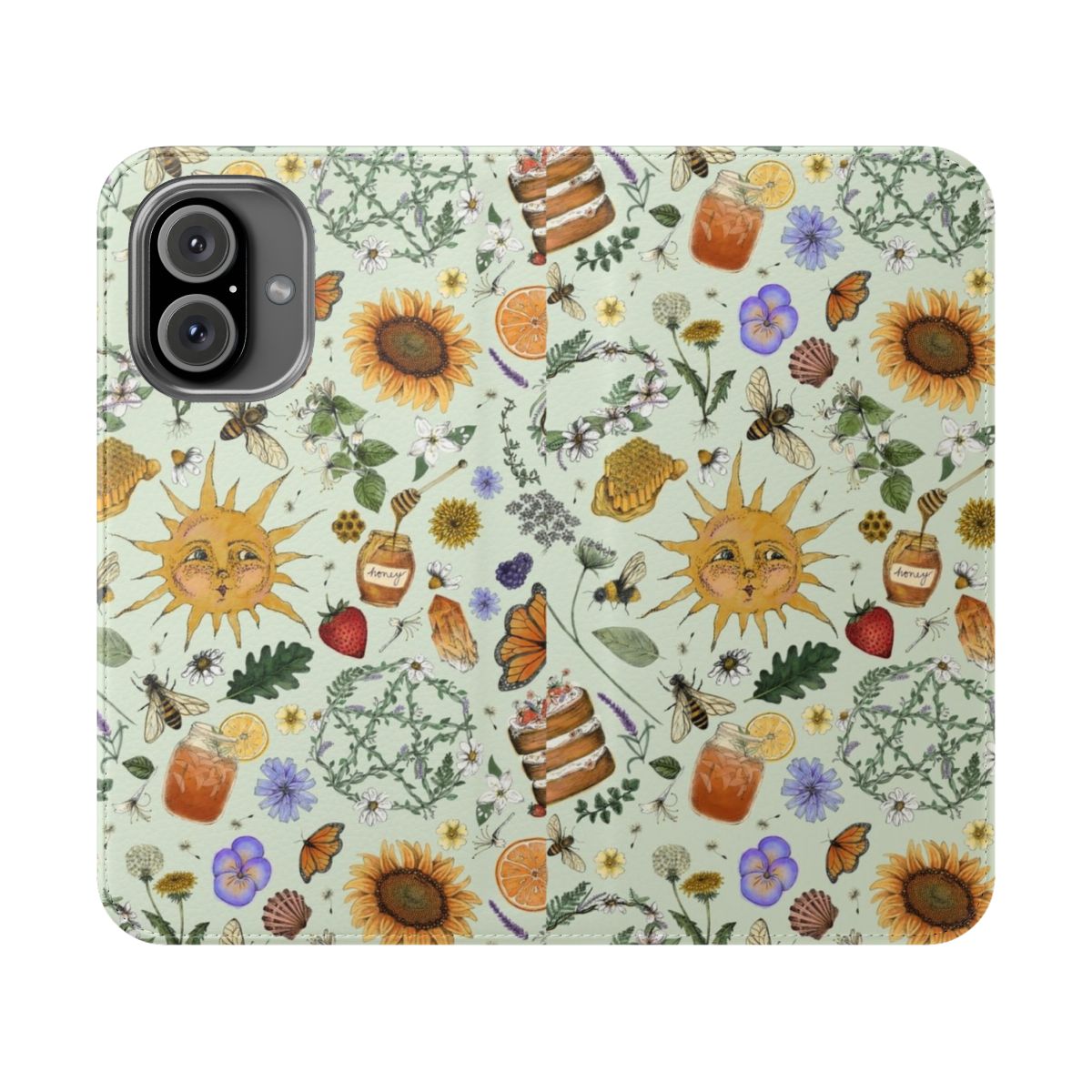 A green flip cover phone case with a Litha-inspired pattern featuring symbolic elements like a pentacle, sunflowers, and butterflies.