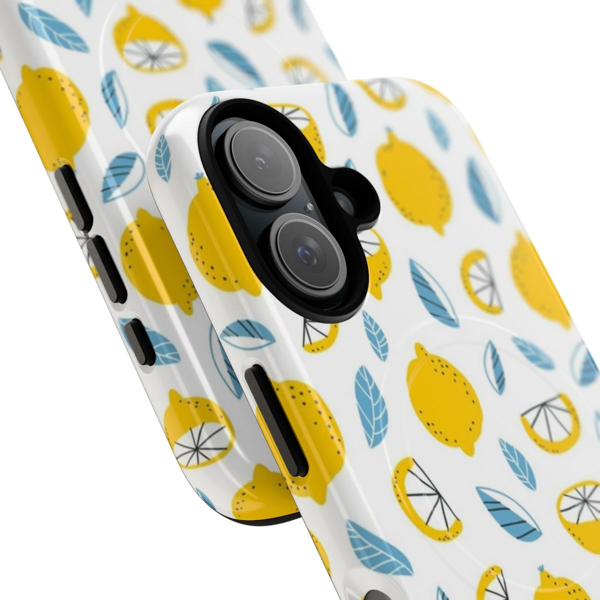 Closeup of a durable phone case with a repeating lemon and citrus print design - Detail