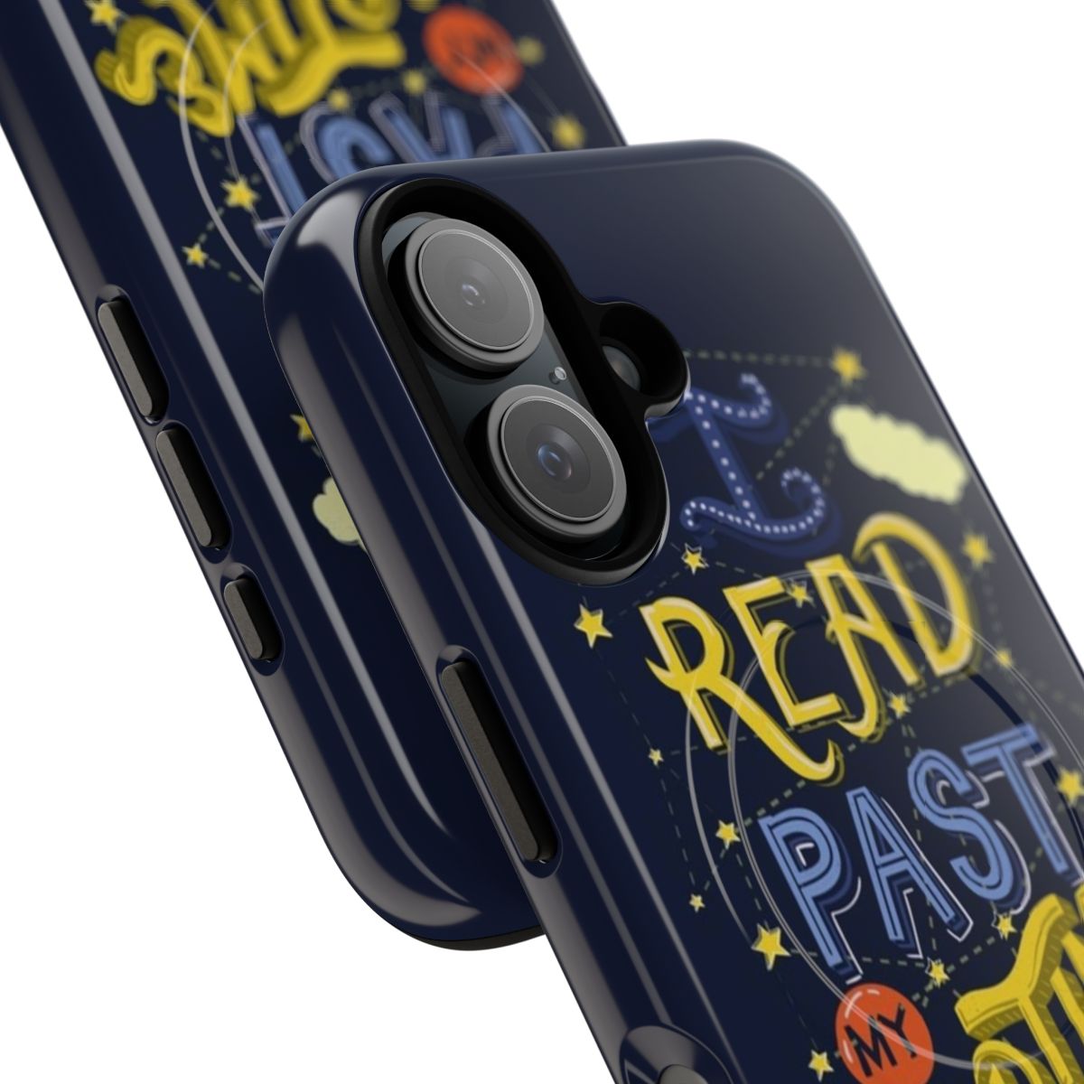 A magnetic phone case featuring the text "I Read Past My Bedtime" and an illustration of an owl, appealing to book lovers and bibliophiles. - Detail