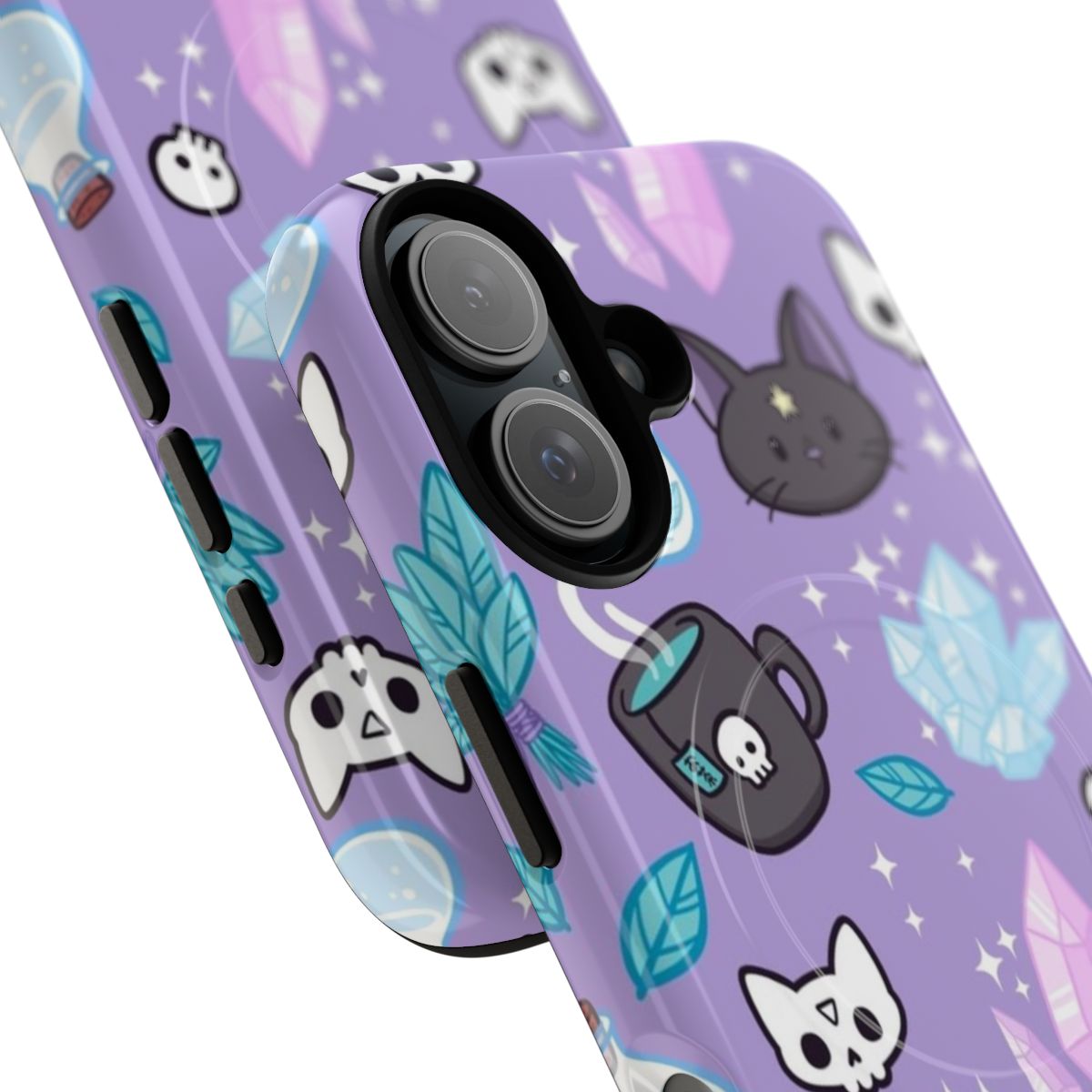 Magnetic phone case with a pastel purple design featuring a witch cat, herbs, and crystals - Detail