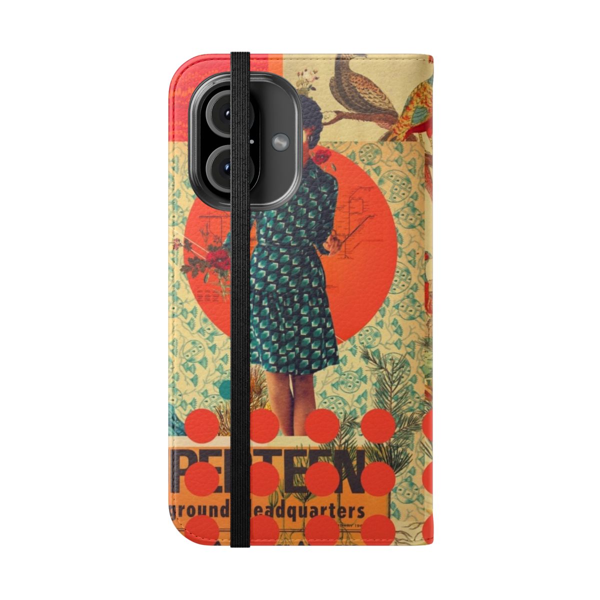 Vintage-inspired collage phone flip cover with retro graphic design featuring flowers, birds, and a woman's portrait - Folded Front